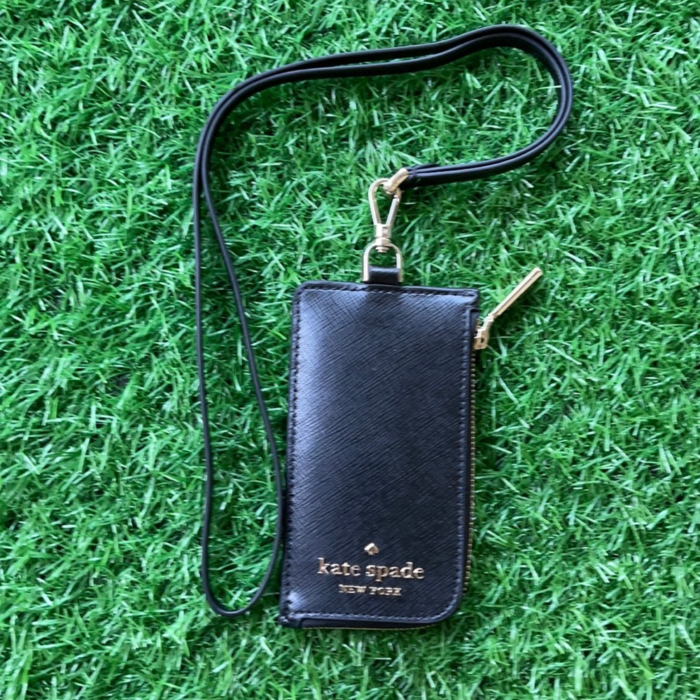 New KATE SPADE Staci Black Leather Card Case Lanyard WLR00139 $99 - Picture 1 of 16